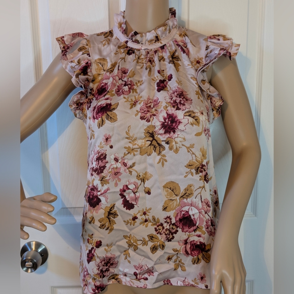 Express Floral Ruffle Short Sleeve Blouse in Purple, Pink, and Tan-XS
